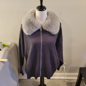 Saks Fifth Avenue Faux Fur Gray Sweater Size Large Full Zipper